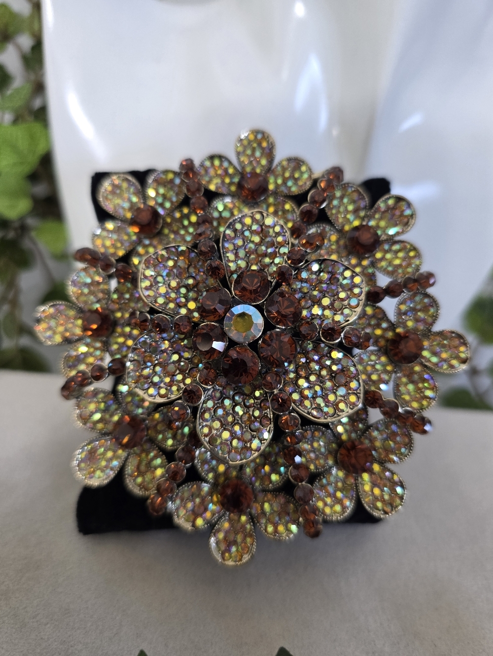 Vintage Oversized Aurora Borealis & Amber Floral Statement Double Pin Brooch